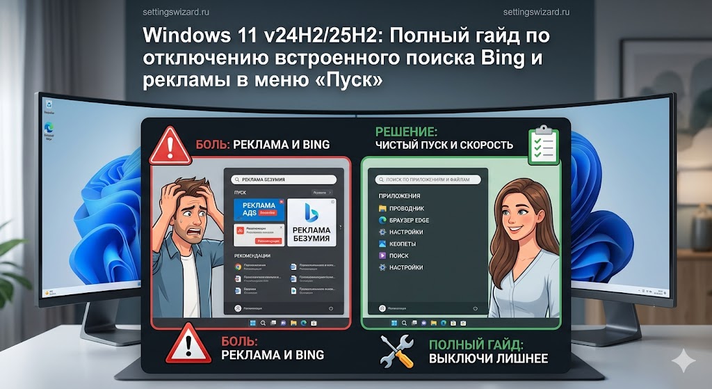 Windows 11 v24H2/25H2: Полный гайд по отключению встроенного поиска Bing и рекламы в меню «Пуск»