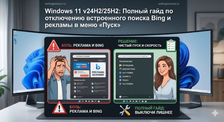 Windows 11 v24H2/25H2: Полный гайд по отключению встроенного поиска Bing и рекламы в меню «Пуск» Windows 11 v24H2/25H2: Полный гайд по отключению встроенного поиска Bing и рекламы в меню «Пуск»